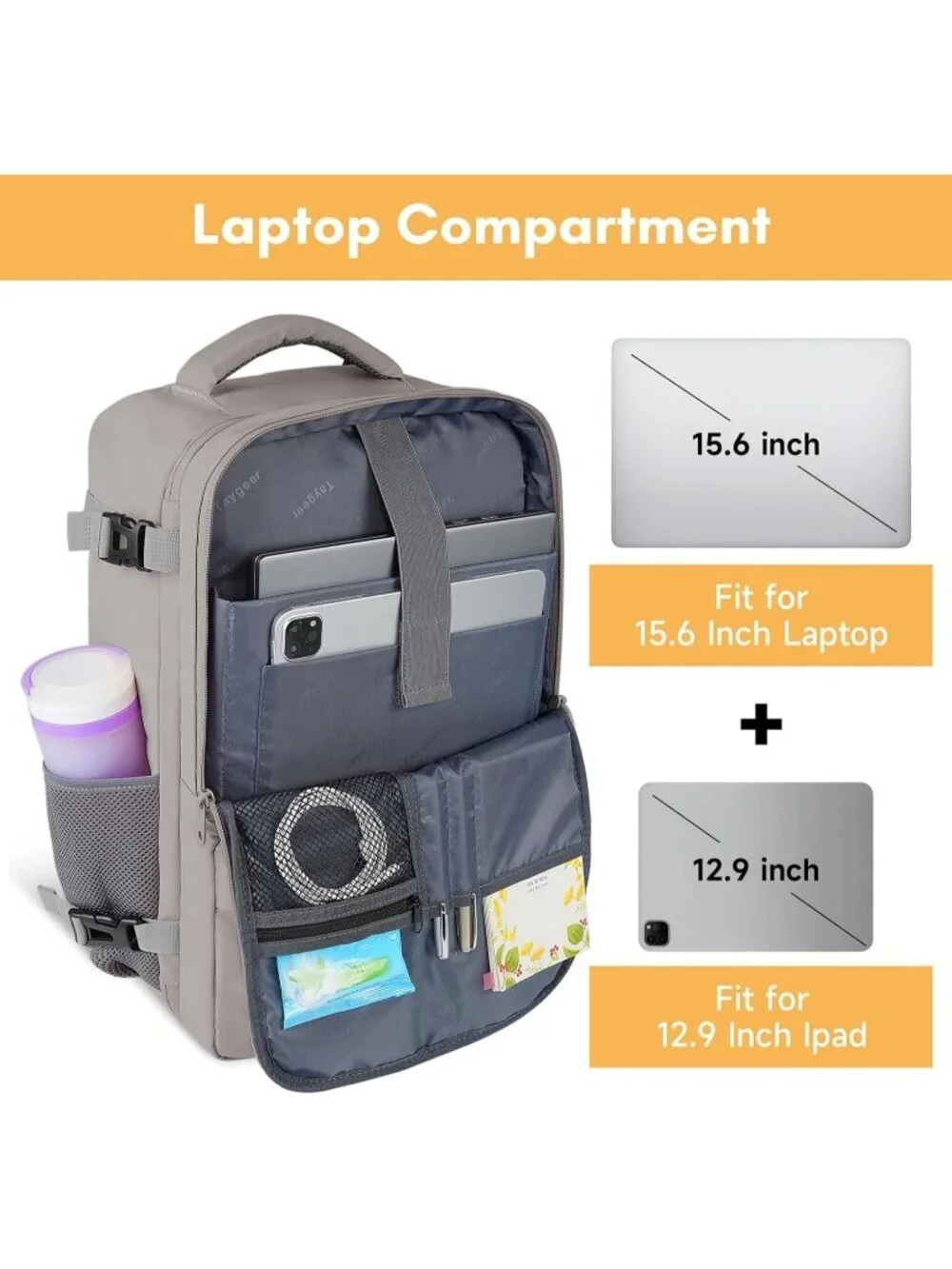 Women's Gray 15.6inch Laptop Mochila Flight Approved Daypack with Pocket